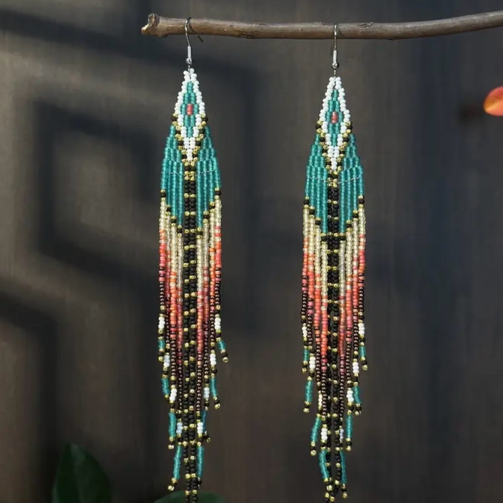 Turquoise seed bead geometric tassel dangle earrings